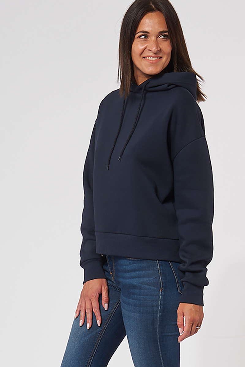 Sweat à capuche hoodie made in France Salina marine femme de profil - FIL ROUGE
