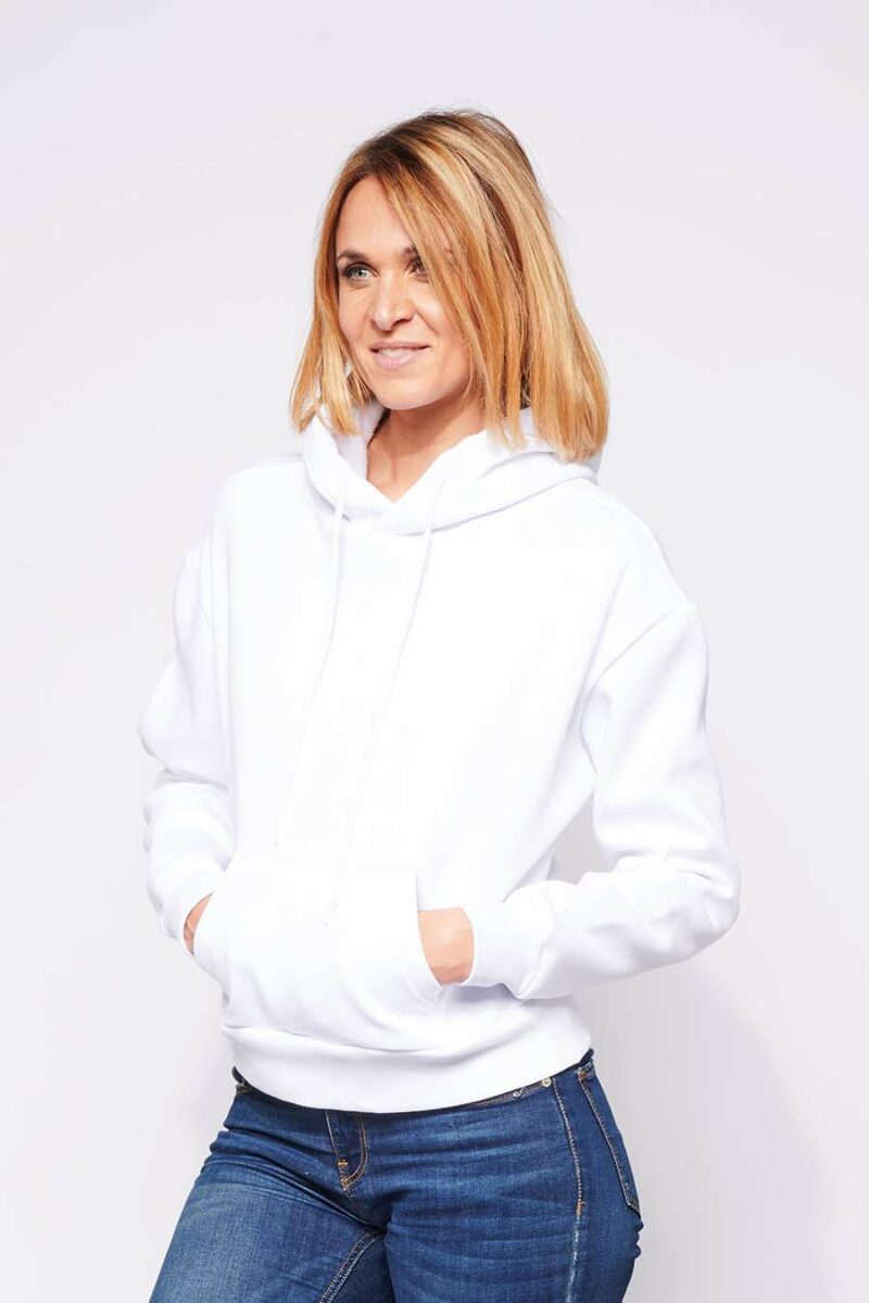 Sweat à capuche hoodie made in France Sally blanc femme de profil - FIL ROUGE