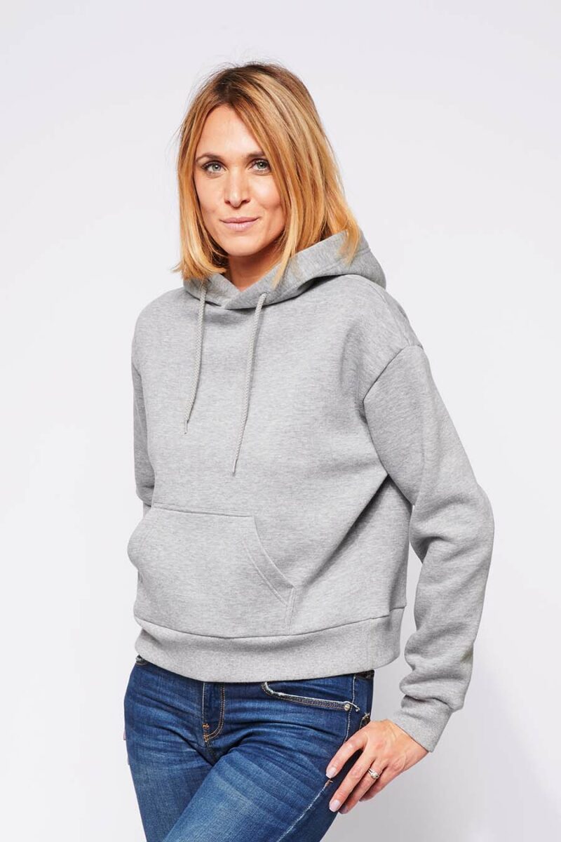 Sweat à capuche hoodie made in France Sally gris-clair femme de profil - FIL ROUGE