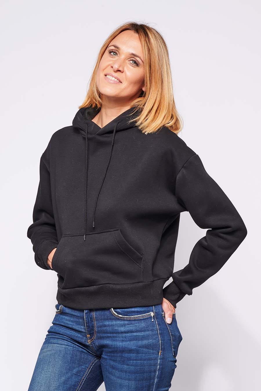 Sweat à capuche hoodie made in France Sally noir femme de profil - FIL ROUGE