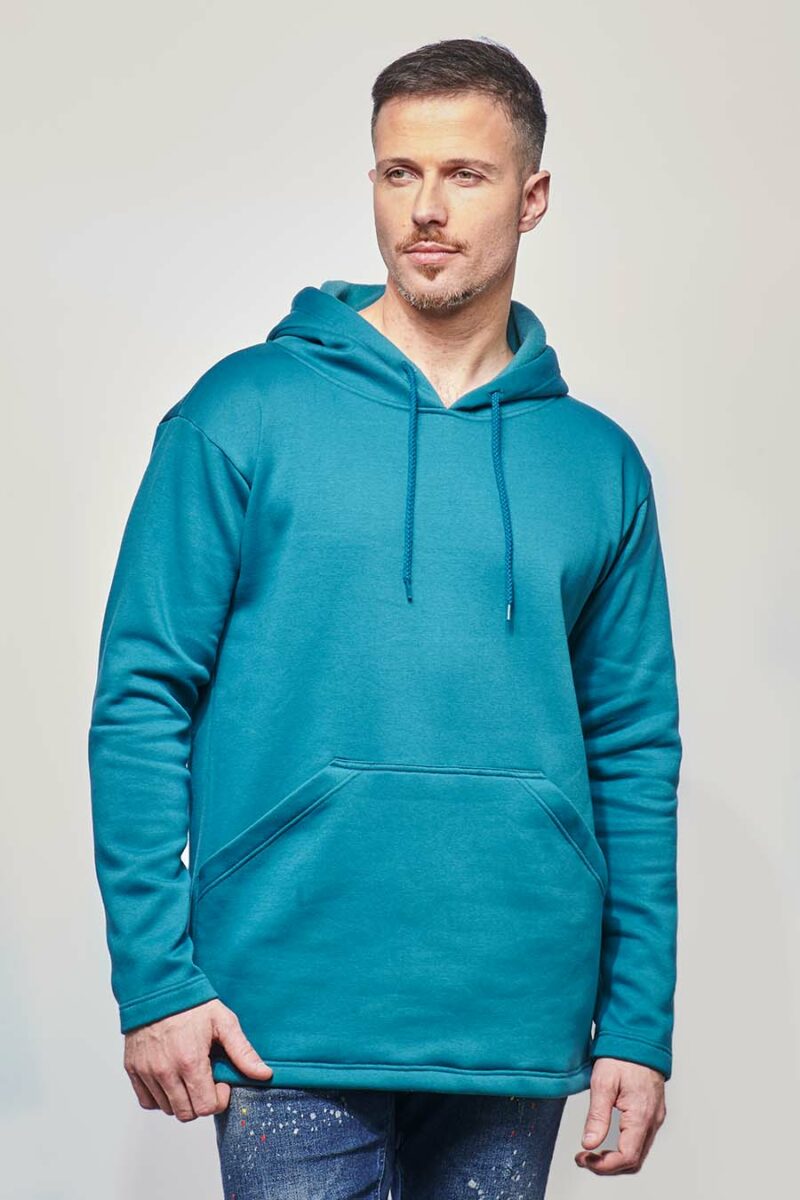 Sweat à capuche hoodie made in France Sam bleu-canard homme de profil - FIL ROUGE