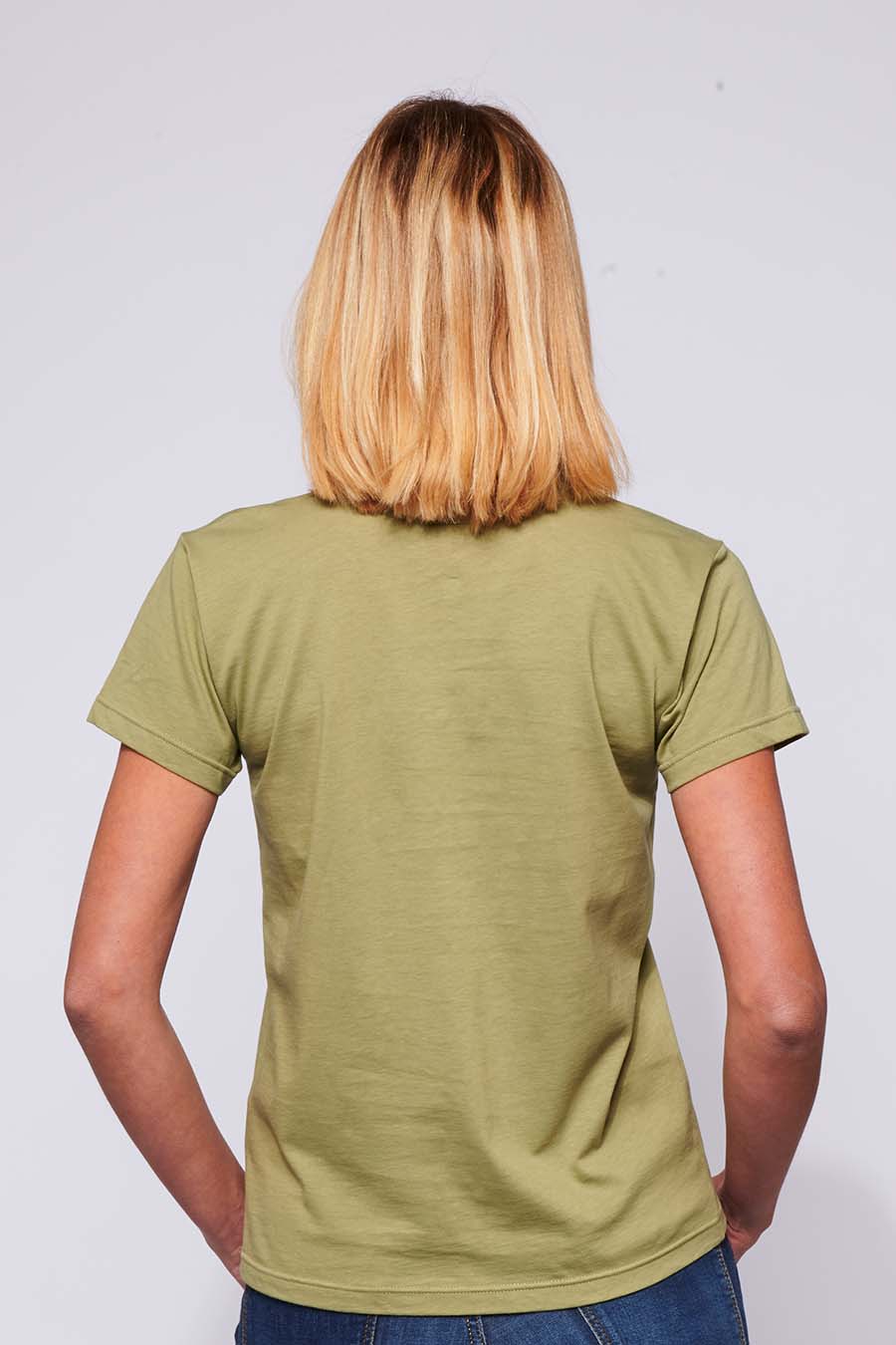 Tee-shirt made in France en coton bio BEATRICE kaki femme de dos - FIL ROUGE
