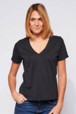 Tee-shirt ajusté col en V Femme made in France en coton bio noir - Fil Rouge