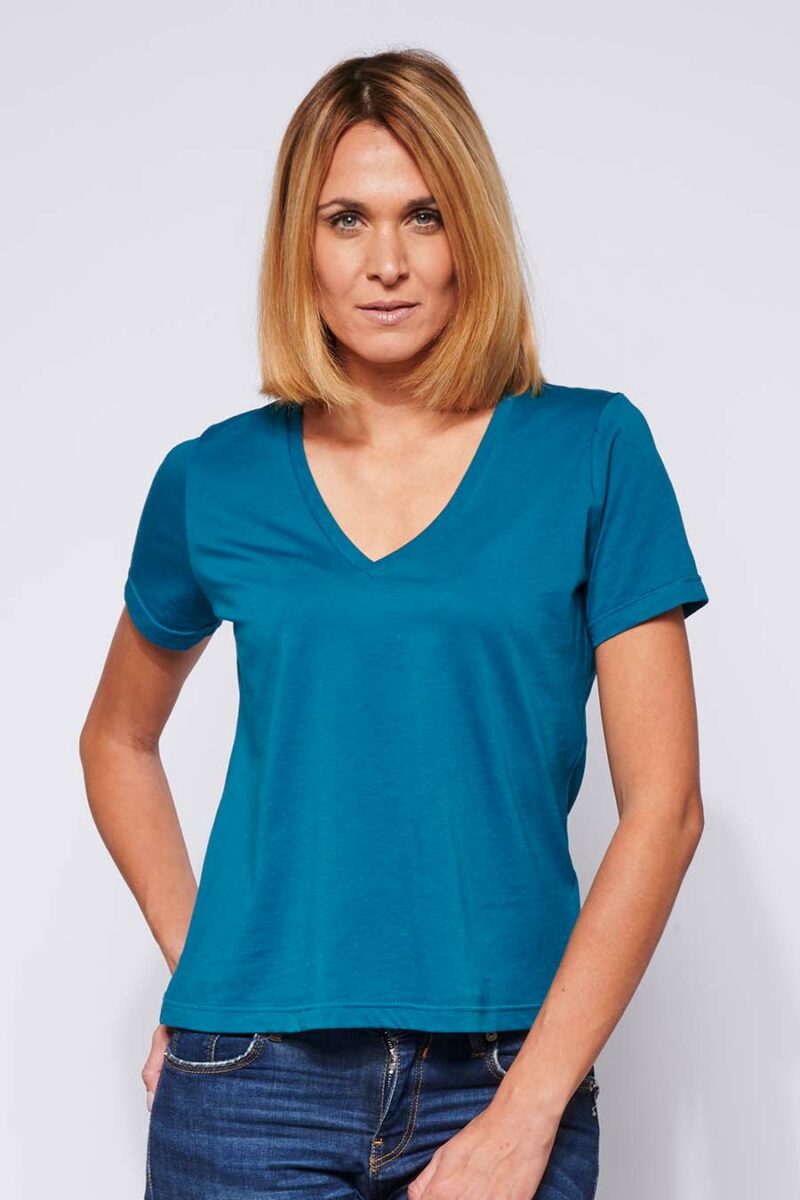 Tee-shirt ajusté col en V Femme made in France en coton bio pétrole - Fil Rouge