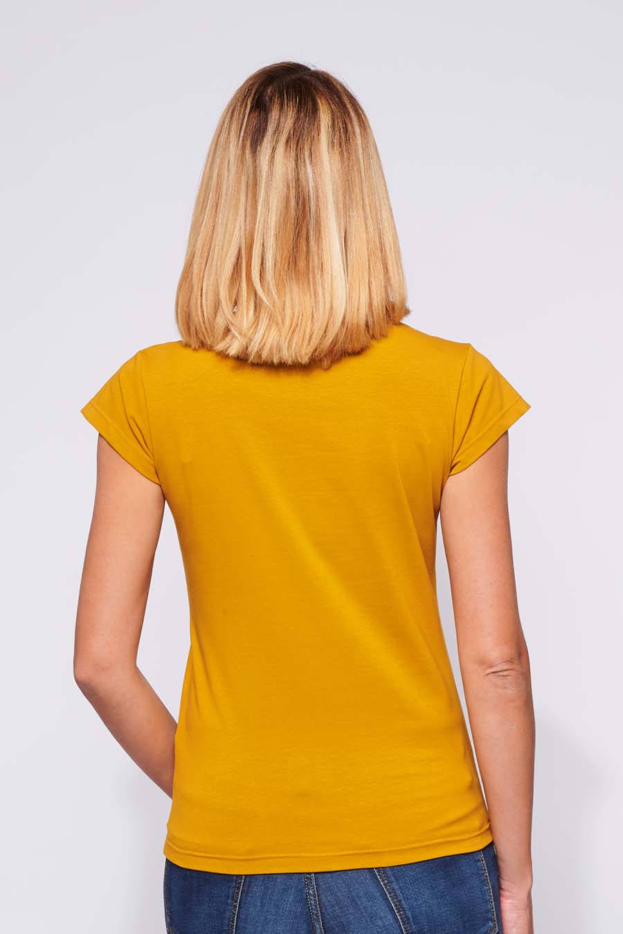 Tee-shirt made in France en coton bio LAURE moutarde femme de dos - FIL ROUGE